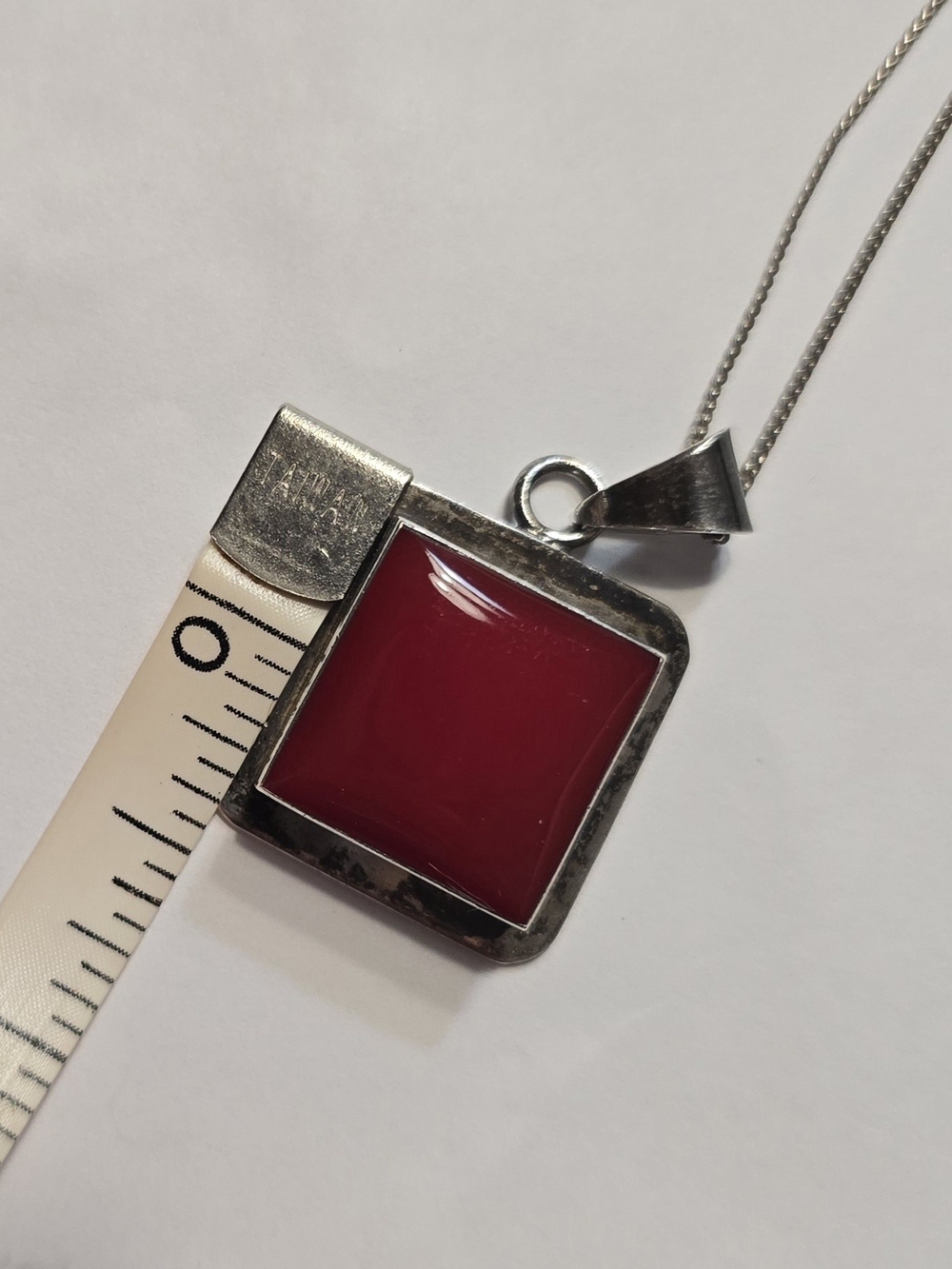 Vintage Sterling Silver Square Red Coral Pendant Necklace
